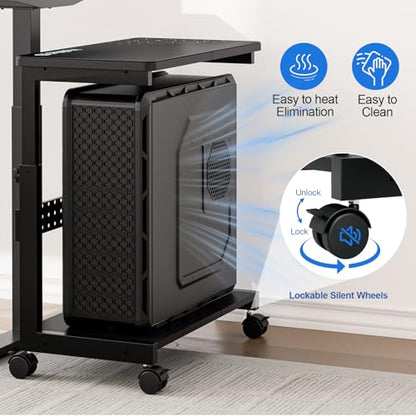 Height Adjustable Computer Tower Stand, 2-Tier ATX-Case CPU Holder with Mouse Pad & Headphone Stand, Mobile PC Standing Under Desk, Home Office Gaming Accessories, Computer Cart Wheels, Black - color: Black