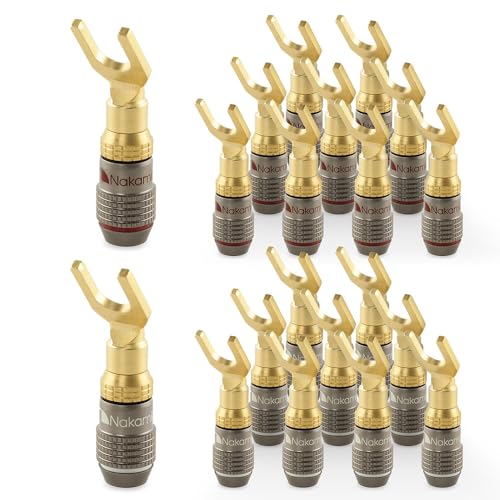 Nakamichi FanLock 24k Gold Plated Spade Y Connector Banana Plugs, 10-18 AWG | Excel Series, Gauge Size 4mm for Speakers Amplifier Hi-Fi Stereo Radio AV Audio Wire Cable Quick Connector, 20 Pcs (10-Pairs) - size: 20 Pcs (10-Pairs)