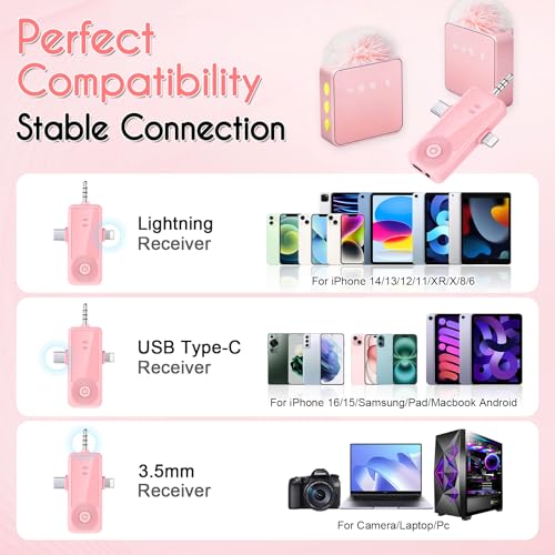 Mini Wireless Microphone for iPhone/Android/Camera, Noise Reduction - color: Pink