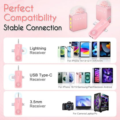 Mini Wireless Microphone for iPhone/Android/Camera, Noise Reduction - color: Pink