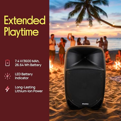 1200W Portable Bluetooth PA Speaker - 12’’ Subwoofer, LED Battery Indicator Lights w/Built-in Rechargeable Battery, MP3/USB/SD Card Reader, and UHF Wireless Microphone - Pyle PSBT125A - size: 12 inch