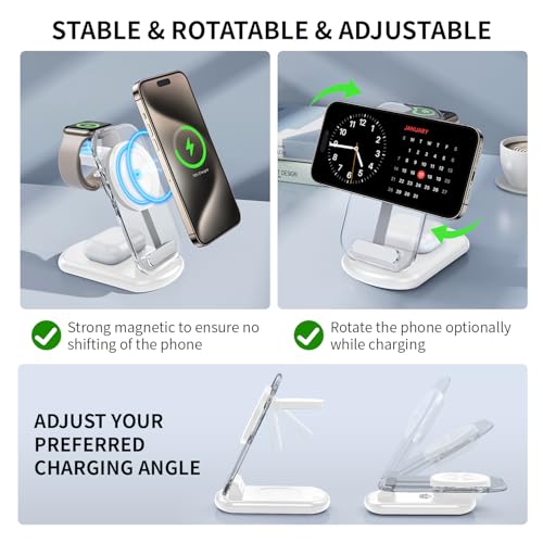 RYND 2026 Traveling Wireless Mag-Safe Fast Charging Station | Magnetic 3 in 1 Charger with Light for iPhone 17 16 15 14 13 12 Pro Max Plus,Apple Watch& Air pods 4 3 2 Pro(White) - color: White