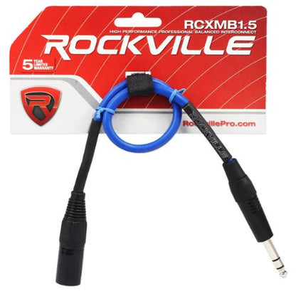 Rockville RCXMB1.5BL 1.5ft Male REAN XLR to 1/4" TRS Cable, 100% Copper, Nickel-Plated Contacts, Durable Blue Jacket, Tangle-Free, for Studio and Live Audio | Patch Cable, Balanced Audio, Nickel Plated, 24 AWG OFC, 90% Spiral Shield, EMI/RFI Rejection, Fl