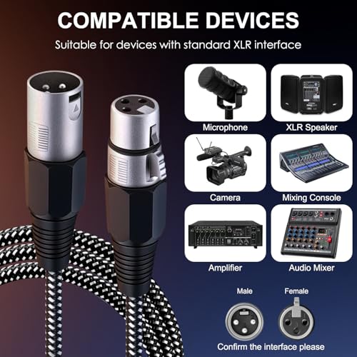 XLR Cable 6 FT/5 Pack, Microphone Cable 3 Pin Nylong Braided Balanced XLR Male to Female Heavy Duty Mic Patch Cords (Pure Copper Conductors) - size: 6FT