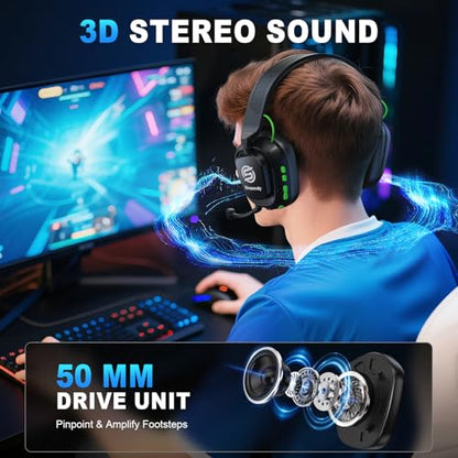 Wireless Gaming Headset for Fortnite & Team Play, 2.4GHz ≤20ms, 3D Sound | Bluetooth 5.4, 50mm Drivers, Noise-Canceling Mic, 50H Playtime, All-Day Comfort, for PS5 PS4 PC Switch & Mac