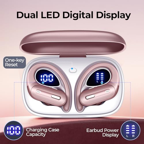 90H Playtime Wireless Earbuds Bluetooth 5.3, Over-Ear Sports Headphones with Secure Earhooks, Wireless Charging Case, LED Power Display, Waterproof Stereo Headset for Workout, Running