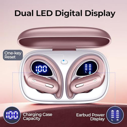 90H Playtime Wireless Earbuds Bluetooth 5.3, Over-Ear Sports Headphones with Secure Earhooks, Wireless Charging Case, LED Power Display, Waterproof Stereo Headset for Workout, Running