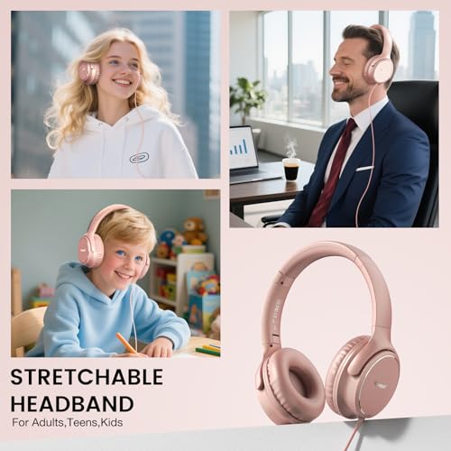 USB C Wired Over-Ear Headphones with Microphone | Volume Control, Share Port, Adjustable Headband Foldable Stereo Headset for Adult/Teens for iPhone 16, Laptop, Gaming, Travel - color: Rose Gold