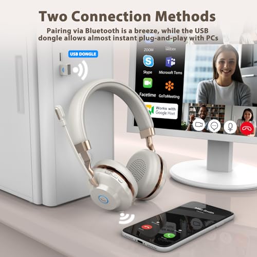 Wireless Headset with Mic for Work, Bluetooth Headset with Noise Cancelling Microphone, On Ear Wireless Headphones with USB Dongle & Mute Function for Work from Home Computer Office Teams Call Center