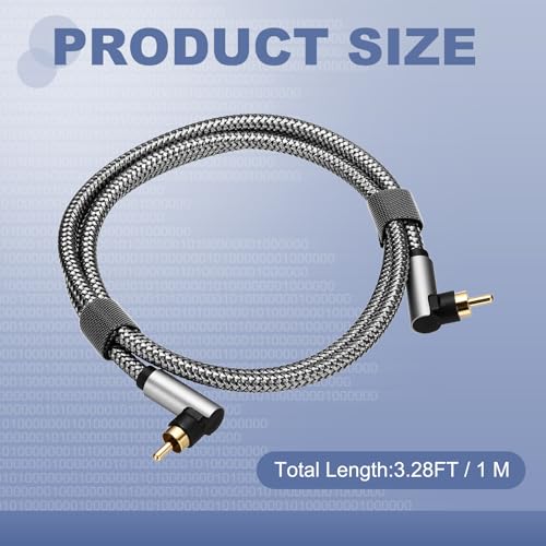 MECCANIXITY Dual 90 Degree Subwoofer Cable, 3ft Right Angle RCA Cable 24K Gold-Plated Digital Coaxial Hi-Fi Cord for Home Subwoofer Audio Power Amplifier, Gray - size: 3ft