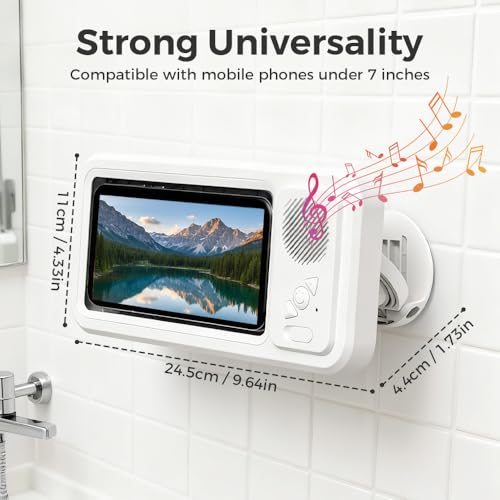 Shower Phone Holder with Wireless Bluetooth Speaker, 2026 Upgraded Waterproof/Fog-Resistant for Any Phone, Shower Phone Holder Waterproof Wall Mounted PhoneHolder for Bathroom Mirror (1, White)
