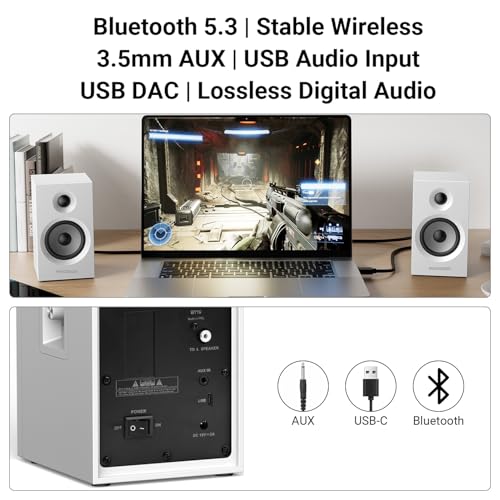 Powered Bookshelf Speakers HiFi Computer Gaming Monitors with Bluetooth 5.3 & 24-Bit USB DAC Stereo Speaker PC Speakers 3.5" Woofer,1" Silk Dome Tweeter, Adjustable Bass/Treble BT16 - White - color: White