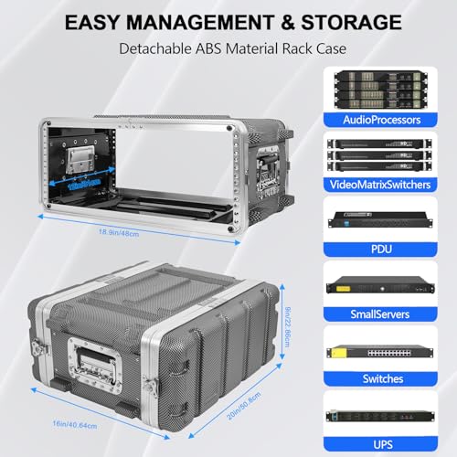4U ABS Rack Case Shallow 12" Depth, 19" Rackmount Flight Road Travel Case, Waterproof Protective Hard Case with Customized Foam, Wireless Mic System Storage/Amp/Effect/DJ Mixer - color: ABS Rack Case Black&White, size: 4U 12" Deep