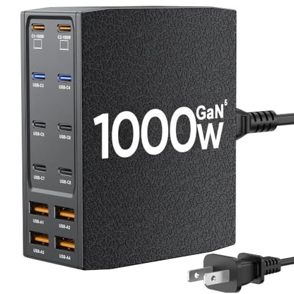 1000W USB Charging Station,12-Port USB C Charger Block with Dual 100W PD | USB-C Fast Charging Station Hub for MacBook Pro/Air/All iPad Phone 17/16 15/14/13/Pro Max/Samsung Galaxy Note - color: Black