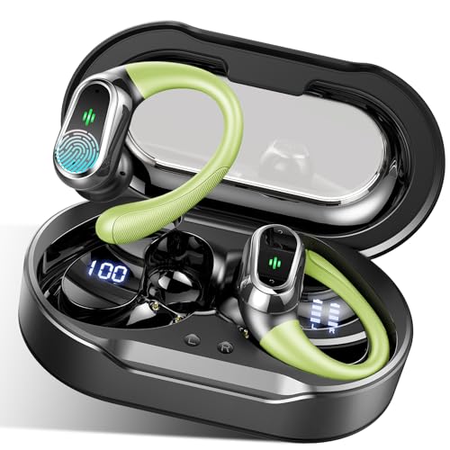 Wireless Earbuds, 2026 Bluetooth 5.4 Headphones Sport, Bluetooth Earbuds with ENC Noise Canceling Mic, 60H Stereo Wireless Headphones IP7 Waterproof with Earhooks, Dual LED Display for Workout/Running - color: Loyal Green