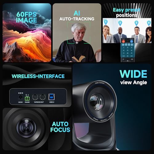 TONGVEO AI Wireless PTZ Camera System with Auto Tracking Built-in Receiver & Bluetooth Speakerphone, 5.8GHz 1080P 60fps Conference Camera with 3X Optical Zoom, for Church Zoom, OBS Meetings - color: black