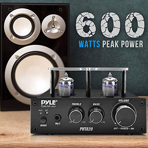 Pyle Bluetooth Tube Amplifier Stereo Receiver - 600W Home Audio Desktop Stereo Vacuum Tube Power Amplifier Receiver w/ 2 Vacuum Tubes, AUX/MP3/Microphone Inputs, Pure Copper Speaker Output - PVTA20 - style: Mini Tube Amplifier