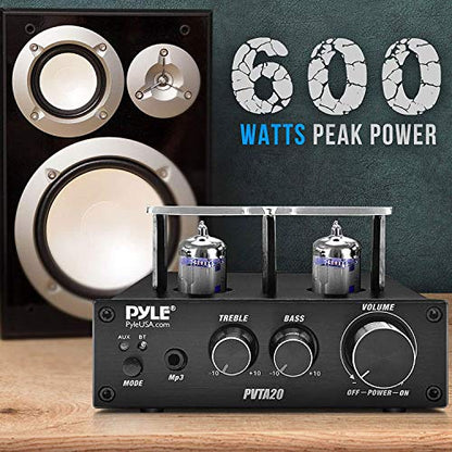 Pyle Bluetooth Tube Amplifier Stereo Receiver - 600W Home Audio Desktop Stereo Vacuum Tube Power Amplifier Receiver w/ 2 Vacuum Tubes, AUX/MP3/Microphone Inputs, Pure Copper Speaker Output - PVTA20 - style: Mini Tube Amplifier