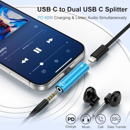 [Apple MFi Certified] Lightning to 3.5mm Headphone and Charger Adapter | 2-in-1 Lightning to Aux Jack Adapter & Fast Charger iPhone Dongle Audio Splitter for iPhone 14 13 12 11 Pro XR XS Max X 8 7 6 - color: Blue