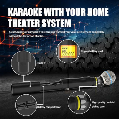 Wireless Microphone System, 4-Channel UHF Wireless Mic Set with 2 Handheld Mics, 2 Bodypack Mics, 328Ft Range, 4x60 Frequencies, Metal Cordless Microphone for Singing, Church, Karaoke