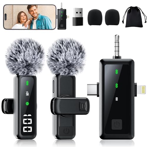 Microphone for iPhone & Android, Wireless Mini Microphone | Battery Display, Clear Voice, Noise Cancelling, 3 in 1 Lavalier Mic for TikTok, YouTube & Interviews, Dual Mic - style: USB-C+Lightning+USB-A+3.5mm Jack