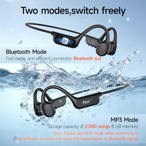 esonstyle Swimming Headphones Underwater - IP68 Waterproof | Bone Conduction Headphones Bluetooth 6.0,Bone Conduction Earbuds with 8G MP3 for Swimming Running Cycling Sports - color: Black