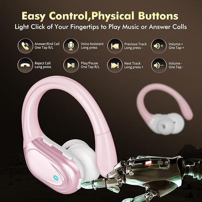 HAOYUYAN Wireless Earbuds, Sports Bluetooth Headphones, 80Hrs Playtime Ear Buds with LED Power Display, Noise Canceling Headset, IPX7 Waterproof Earphones for Workout/Running (Pink) - color: Pink