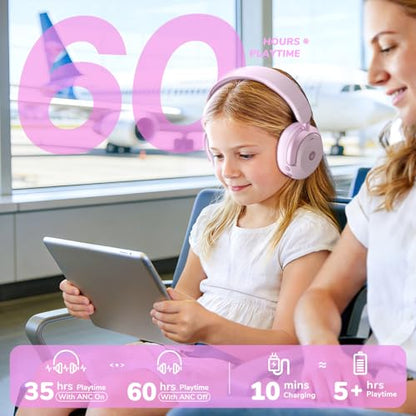 iClever BTH20 Active Noise Cancelling Headphones for Kids Toddler Travel | SafeSound Tech3.1, 60H Play Time, USB C AUX Cable, Award-Winning Kids Bluetooth Wireless Headphones for Boys/Girls/Autism - color: Light Pink
