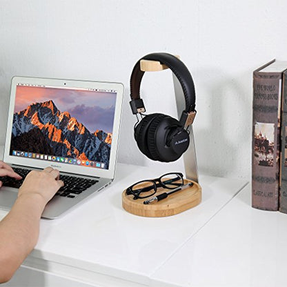 Avantree TR902 - Wood and Aluminum Headphone Stand with Cable Holder | Sturdy wooden and aluminum desktop stand displays headphones securely and.