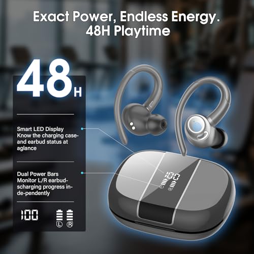 Wireless Sports Earbuds with Earhooks, 48H Deep Bass/ENC Mic Ear Bud Gray | Wireless Earphone with LED Display, Bluetooth 5.3 Headphones In Ear, IPX7 Waterproof Over Ear Buds for Running/Workout - color: Gray