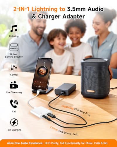 [MFi Certified] 2-in-1 Lightning to 3.5mm Audio & Charger Splitter for Headphones & Fast Charge, Compatible with iPhone 14/13/12/11/X/8/iPad - Car AUX, Gaming, Live Streaming, Work & Travel (1, White) - color: White-1Pack
