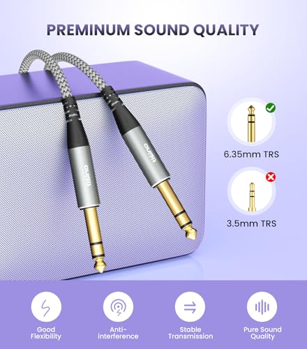 Tisino 1/4" TRS Cable, Balanced Stereo Instrument Guitar Cable, 6.6 FT | 6.35mm Male to Male TRS Patch Cable for Studio Monitors, Mixer, Speaker, Guitar, Gold-Plated Shielded Interconnect Lead - size: 2m/6.6ft