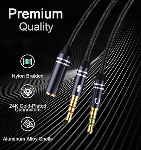 Braided Headphone Splitter for Computer, 3.5mm Female to 2 Dual 3.5mm Male Earphones Port, Mic Y Audio Splitter Cable Compatible with Headset Microphone Gaming Computer Speaker Laptop(35cm / 14in)