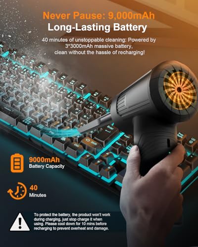 11-in-1 Compressed Air Duster-3-Gear Adjustable 120000 RPM Electric Air Duster with LED Light, Reusable no Canned Keyboard Cleaner for Office, 9000mAh Cordless Air Duster for Computer/Car/Home (Black)