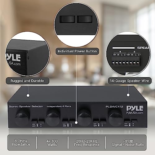 Pyle 4 Channel High Power Stereo Speaker Selector with Volume Control - Rugged and Durable Housing Construction, Cabinet Heat Sink, Plug and Play Easy Install - PLSHVC412 - style: 4CH Switch and Vol Selector