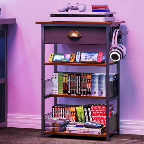 Hongtamoya 4-Tier AV Media Stand with Drawer, Gaming Console Shelf | Audio Rack Tower with 2 Hooks for PS5, Xbox, Switch, DVD Player, Record Player, Projector and TV Accessories Storage