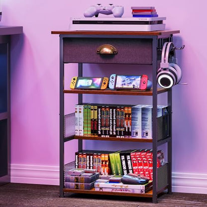 Hongtamoya 4-Tier AV Media Stand with Drawer, Gaming Console Shelf | Audio Rack Tower with 2 Hooks for PS5, Xbox, Switch, DVD Player, Record Player, Projector and TV Accessories Storage