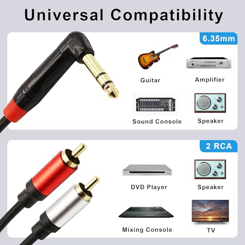 1/4 inch to Dual RCA Audio Cable 1.6ft, Gold Plated Right Angle 6.35mm Quarter inch Male TRS Stereo Plug to 2 RCA Phono Male Audio Y Splitter Cable,0.5m
