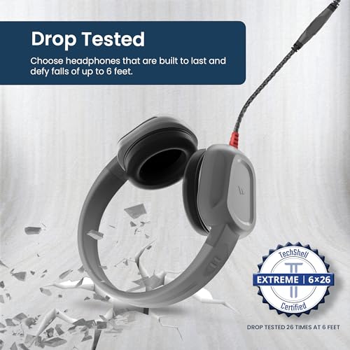 Brenthaven Rugged 2 Wired Headphones No Mic | 3.5 mm - Long Tangle Free Chew-Proof Cord - Reliable Drop Tested and Comfortable for Kids K-12 Students Classroom and School Use- Gray