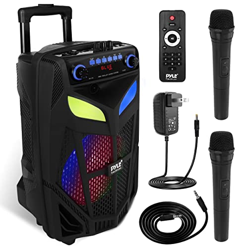 Portable Bluetooth PA Speaker System - 600W 10” Outdoor BT Speaker - Includes 2 Wireless Microphones, Party Lights, USB SD Card Reader, FM Radio, Rolling Wheels - Remote Control - Pyle PPHP101WMB - style: Speaker System
