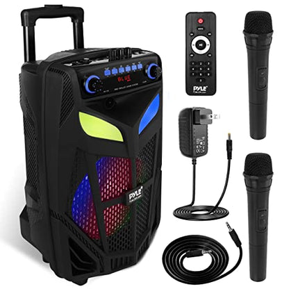 Portable Bluetooth PA Speaker System - 600W 10” Outdoor BT Speaker - Includes 2 Wireless Microphones, Party Lights, USB SD Card Reader, FM Radio, Rolling Wheels - Remote Control - Pyle PPHP101WMB - style: Speaker System