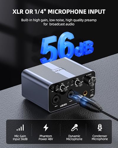 LEKATO USB Audio Interface, 24-bit/192kHz Audio Interface with XLR, 48V Phantom Power for Smartphone Computer Recording, Streaming, Guitar, Music Production, Podcast
