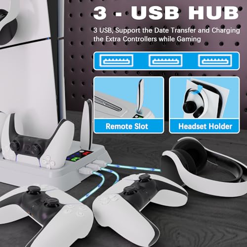 PS5/Slim/Pro Cooling Station for PlayStation 5 Console,PS5 Cooler Fan with Dual PS5 Controller Charger Incl. 3 Level Fans,Headset,3 USB Hubs,PS5/Slim/Pro Stand for PlayStation 5 Console Accessories - color: White