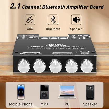 Daakro ZK-TB21 Bluetooth Amplifier Board,50W+50W+100W 2.1 Channel Subwoofer Amp Board with Treble and Bass Control,DC 12-24V, Bluetooth and AUX Inputs, DIY Wireless Speakers AMP Board, Password Free - color: ZK-TB21