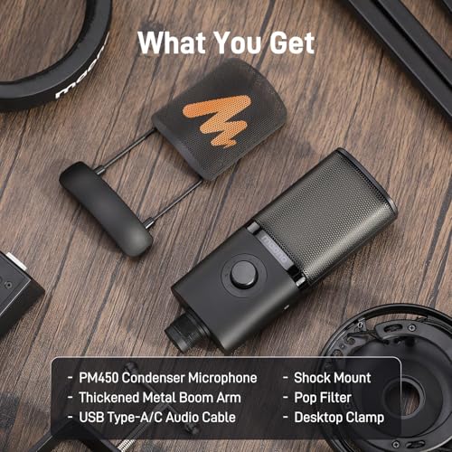 MAONO USB Studio Microphone for Streaming, Recording, Podcasting, Singing | PC Condenser Mic Kit with Shock Mount, Boom Arm, Software, Mute, Gain Knob, Volume Contro, PM450