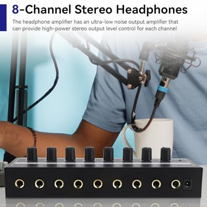 HERCHR Headphone Amplifier 8 Channel Metal Stereo Audio Amplifier, 100 to 240V Portable Headphone Amp with Power Adapter for Studio and Stage