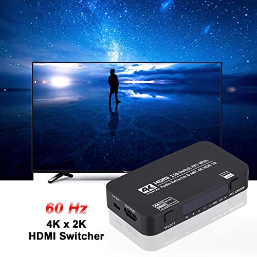 HDMI Switch 4x1 with Audio Extractor, 4K@60Hz Ultra HD HDMI Switcher with Optical TOSLINK SPDIF, 3.5mm Audio Support ARC Function, 3D, 1080P @120Hz, 4Kx2k @60Hz HDTV (IR Remote Control)