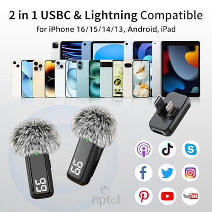 NPTCL 2 in 1 Wireless Lavalier Lapel Microphone for iPhone iPad Android