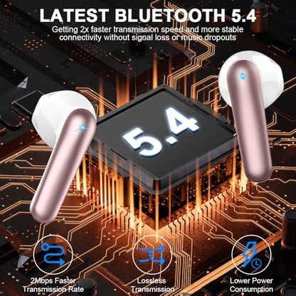 Wireless Earbuds, Bluetooth 5.4 Headphones 50H Playback Bass Stereo Ear Buds with 4 ENC Cancelling Mics, in-Ear Earphones with LED Display, IP7 Waterproof USB-C for Laptop Pad Phones Workout Rose Gold - color: Rose Gold