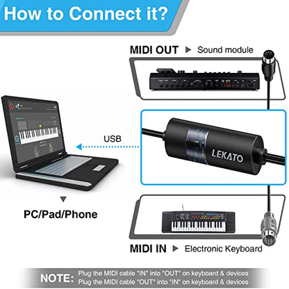 LEKATO USB MIDI Cable, MIDI USB Interface with Input & Output Connecting Piano Keyboard/Synthesizer for Editing & Recording Professional MIDI Cable Adapter with Windows/Mac for Studio -6.5Ft